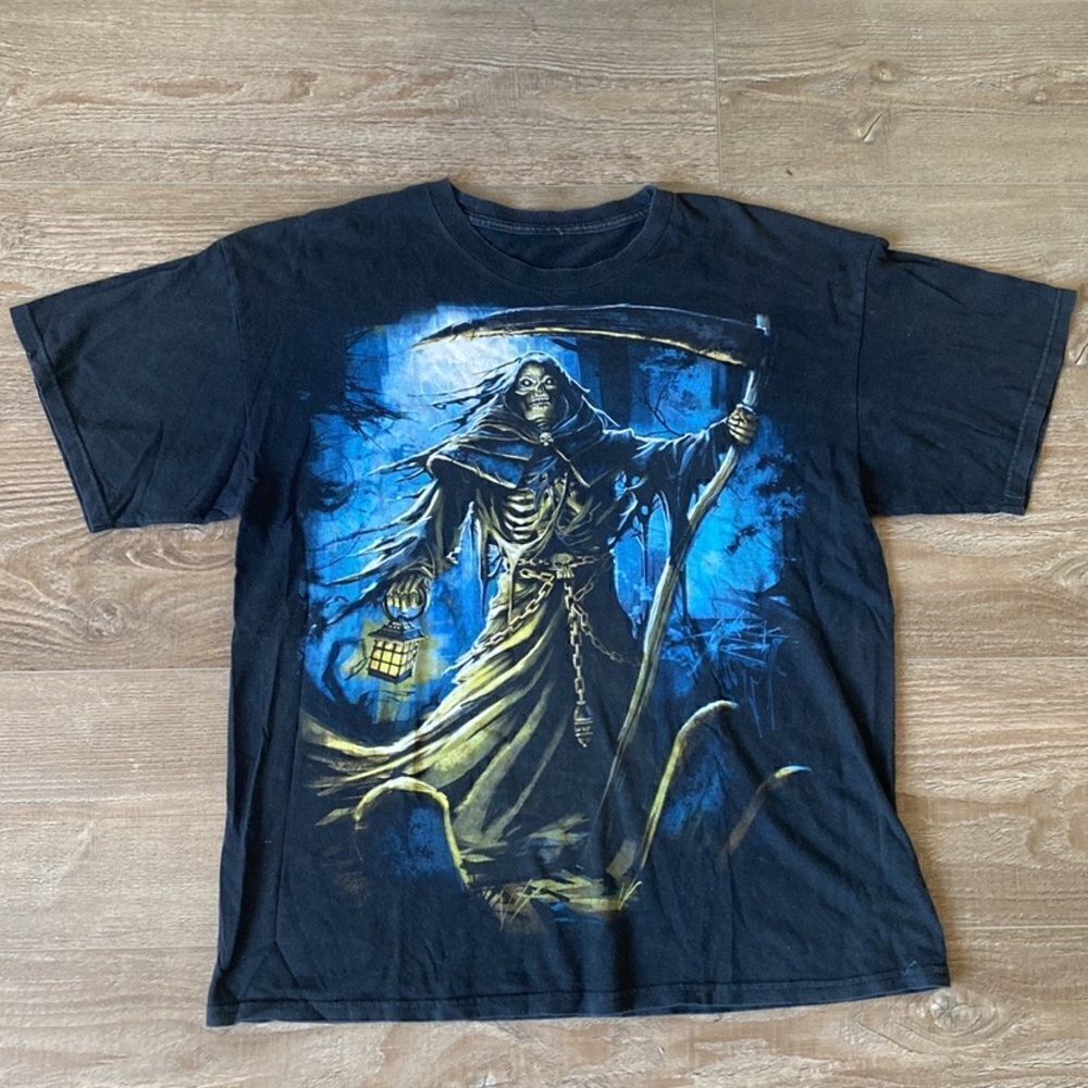 Vintage Grim Reaper Graphic Print Men’s T-shirt in Washed Black Metal Goth